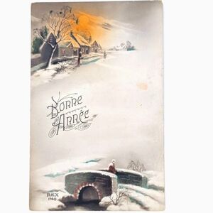 Antique 1924 French Bonne Année Postcard – Snowy Village & Stone Bridge